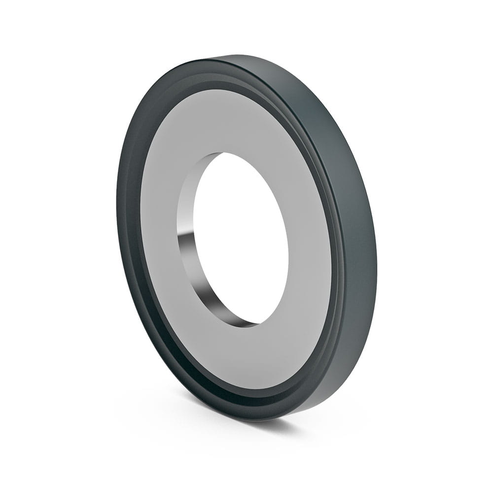 Black round washer with integrated stainless steel part in the middle.