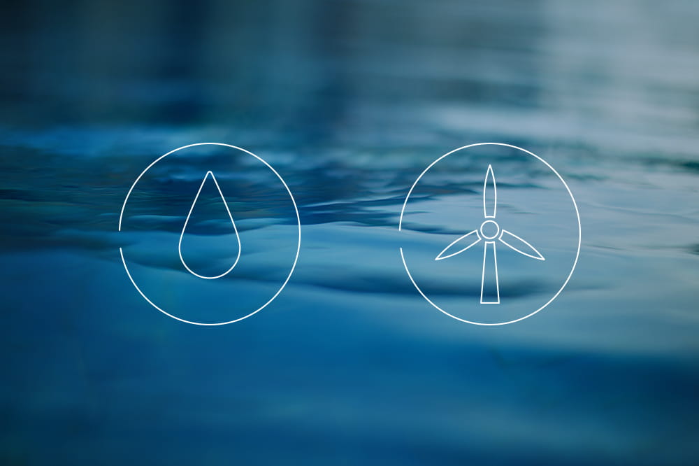 Icons of a drop of water and a wind turbine and water in the background.