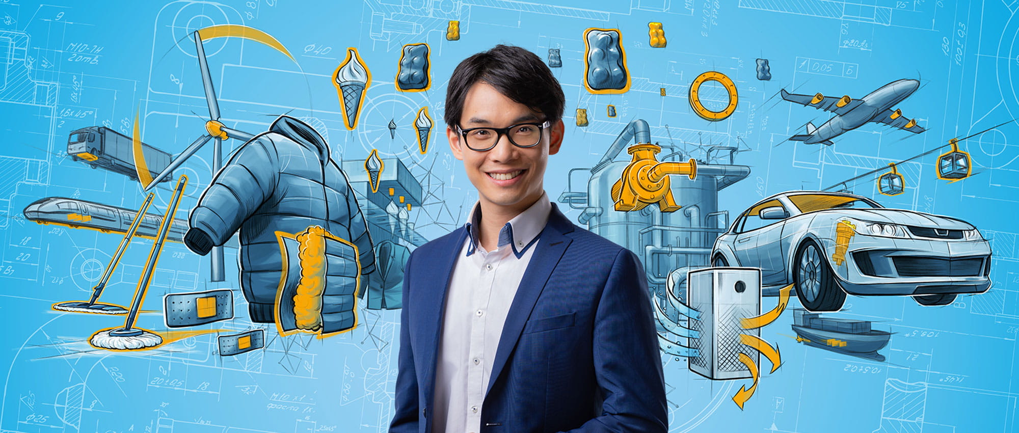 Young man in suit and glasses in front of illustrations of Freudenberg Sealing Technologies' market segments, such as a car or a wind turbine.