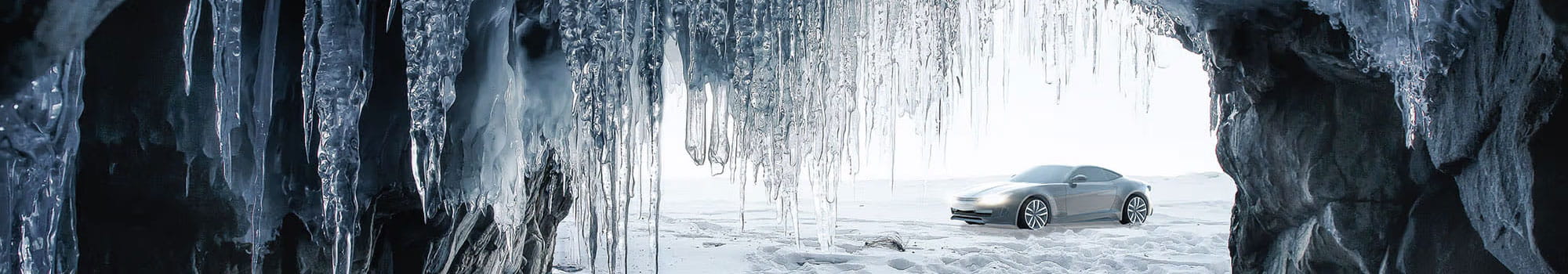 View from an ice cave and there is a car in front of the ice cave