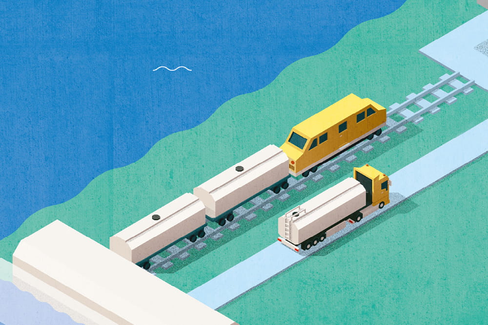 Illustration of a train and truck route next to the sea.
