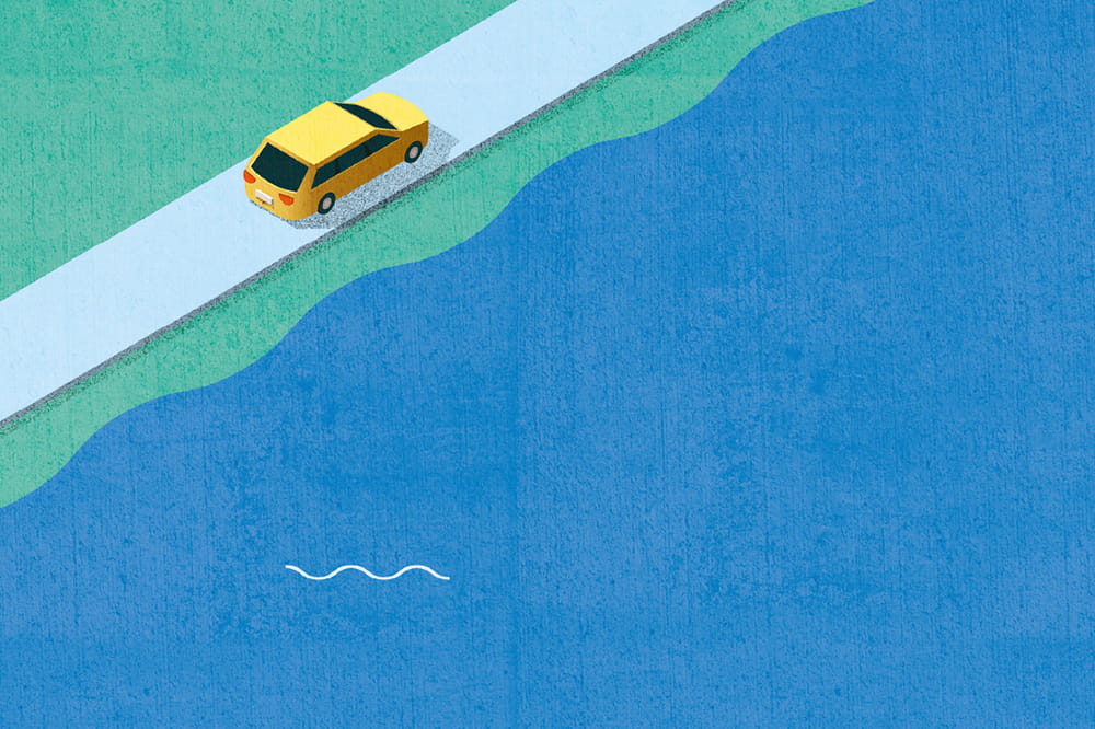 Illustration of a car next to the sea.