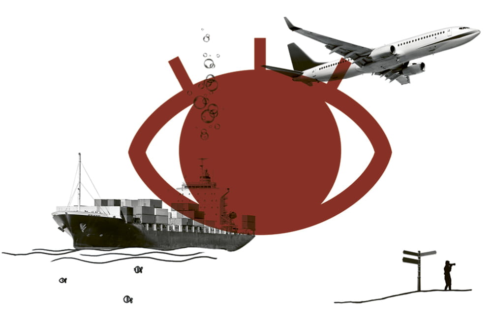 Collage graphic from a ship, an eye and signposts