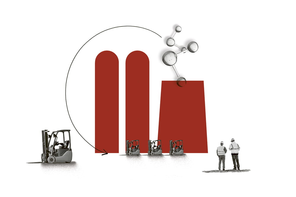 Collage graphics of forklifts and people