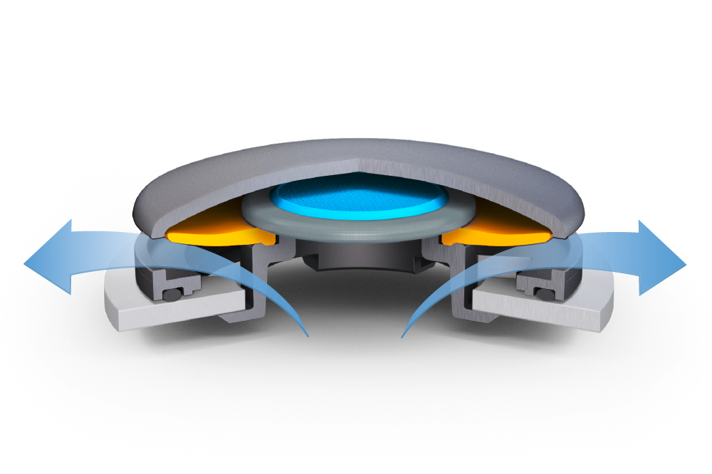 Infographic of a DIAvent plastic part in cross-section with arrows shows how air pressure escapes from the inside to the outside.