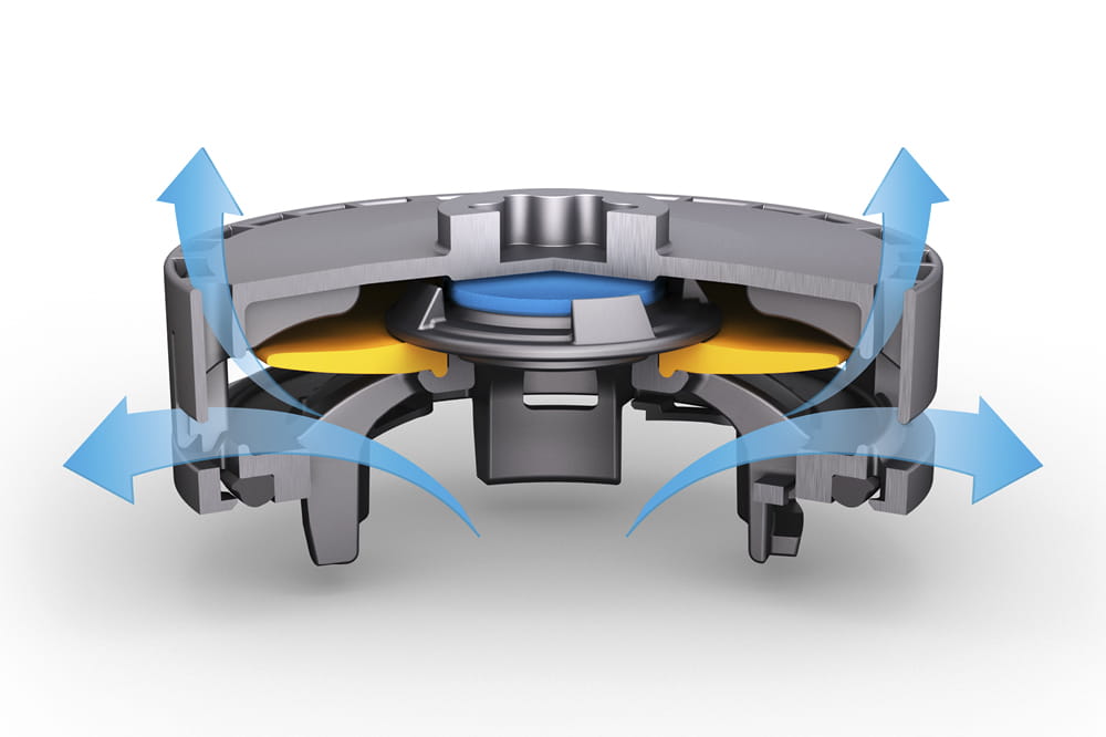 Infographic of a DIAvent Highflow part in cross-section with arrows shows how air pressure escapes from the inside to the outside and up.