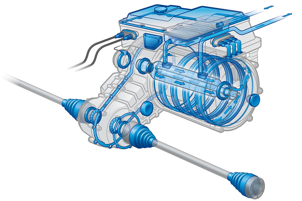 Grey graphic of an E-motor with blue arrows indicating the flow direction
