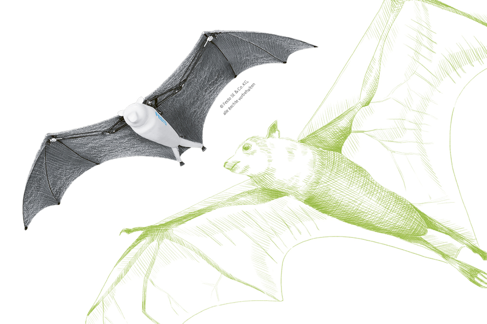 Blue and white robot in the shape of a bat with a green illustration of a real bat in the background.