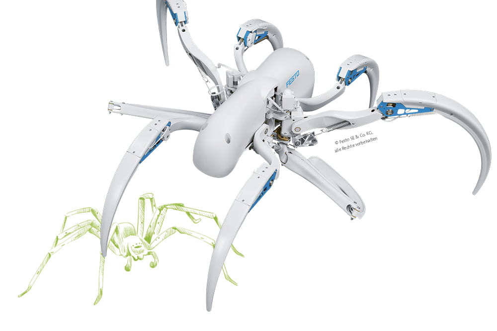 Blue and white robot in the shape of a spider with a green illustration of a real spider in the background.