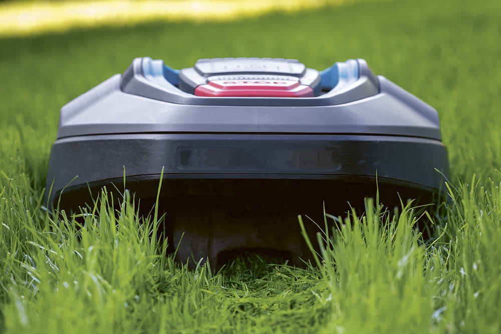 Close-up of a black robotic lawnmower in the grass. Copyright: iStock/Focused