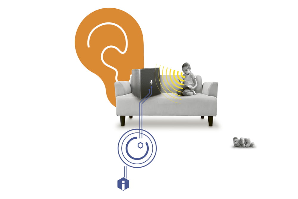 Illustration of a couch on which a child is sitting with a music system. An orange ear is illustrated in the background. 