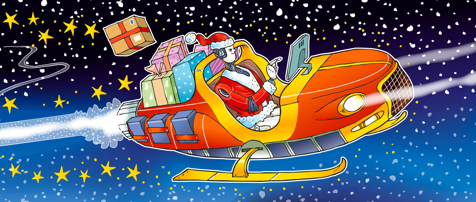 Robot Father Christmas driving through the starry sky in a modern car-like sleigh with presents and clicking on a screen attached to the sleigh.