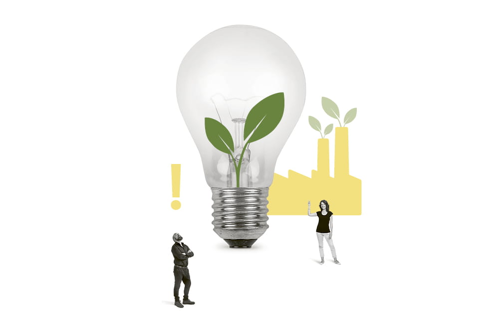 Illustration of a light bulb in which a plant grows. In the background is a factory and two people.