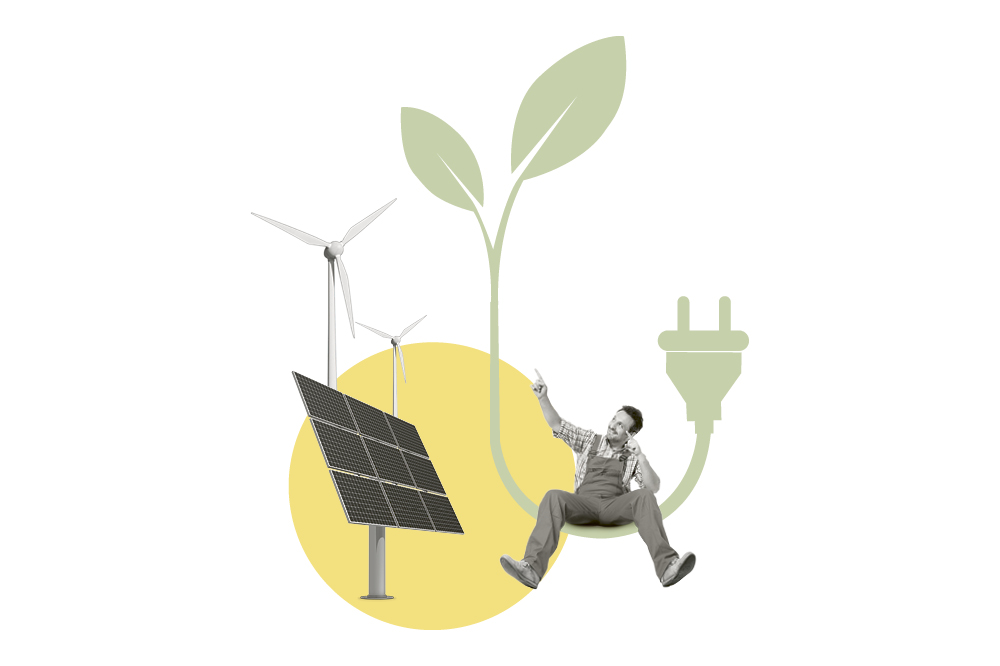 Illustration of a person sitting on a cable that becomes a plant. In front of a yellow circle and solar plants.