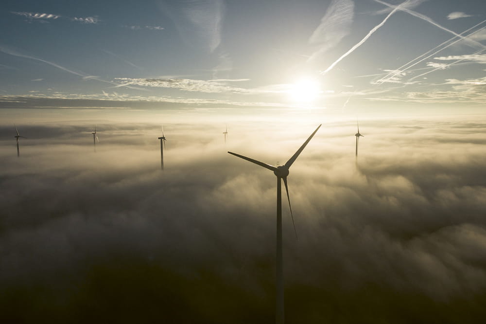 Wind turbines in the sunset.