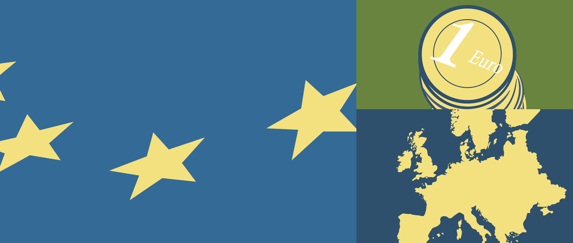 Illustration of the stars of the European Flag, Euro coins and a map of Europe.