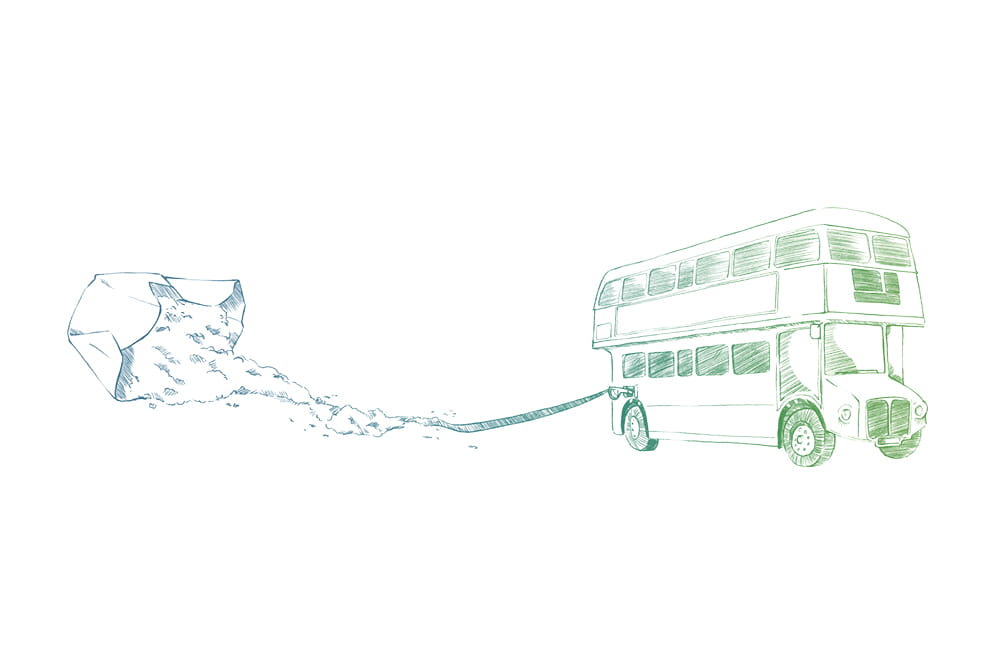 Illustrations of a bus from which exhaust gases come in the form of a plastic bag.