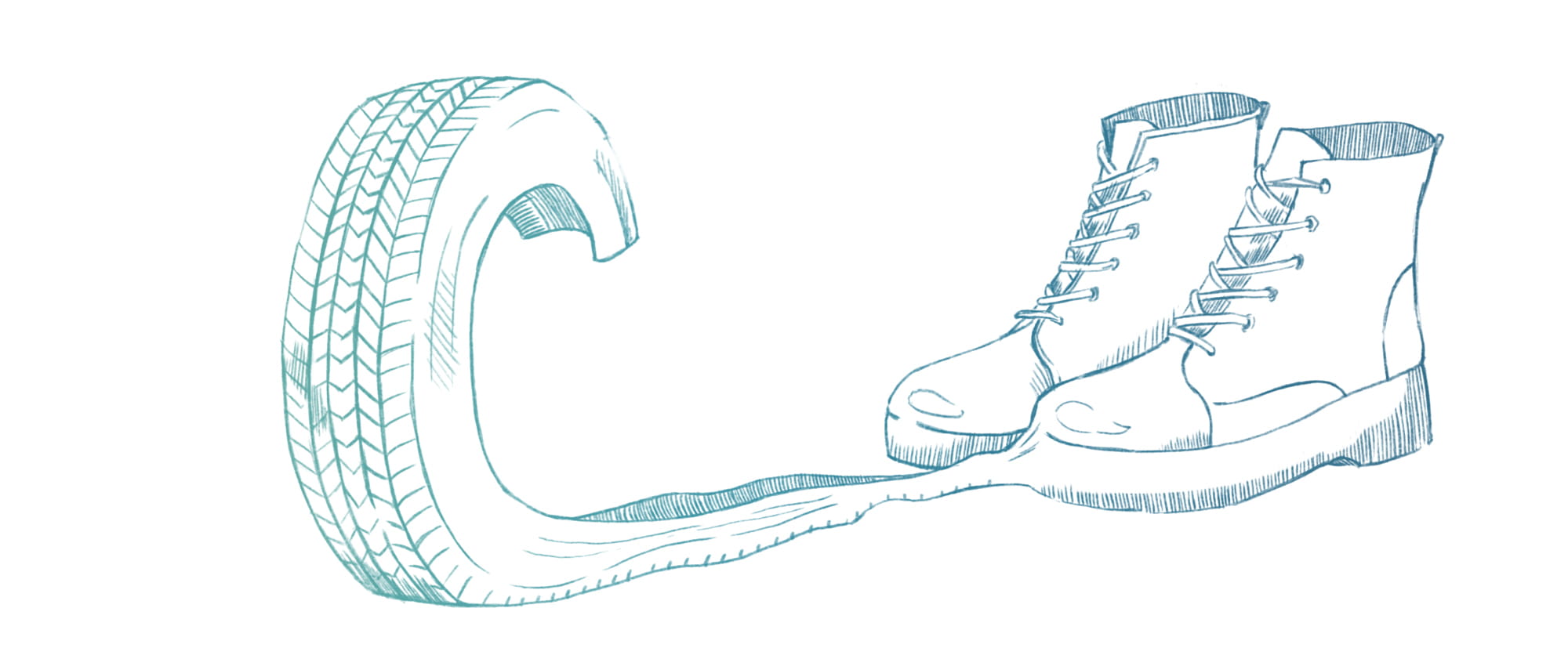 Illustration of boots melting at the top and becoming a car tire.