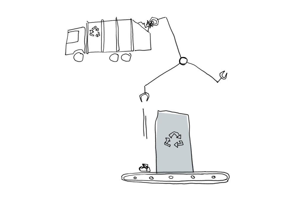 Illustration of a garbage truck from which a gripper arm places garbage on an assembly line with a recycling symbol on it.