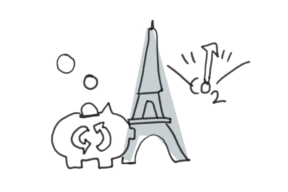 Illustration of the Eiffel Tower with a piggy bank on which is a recycling symbol and a CO2 indicator.