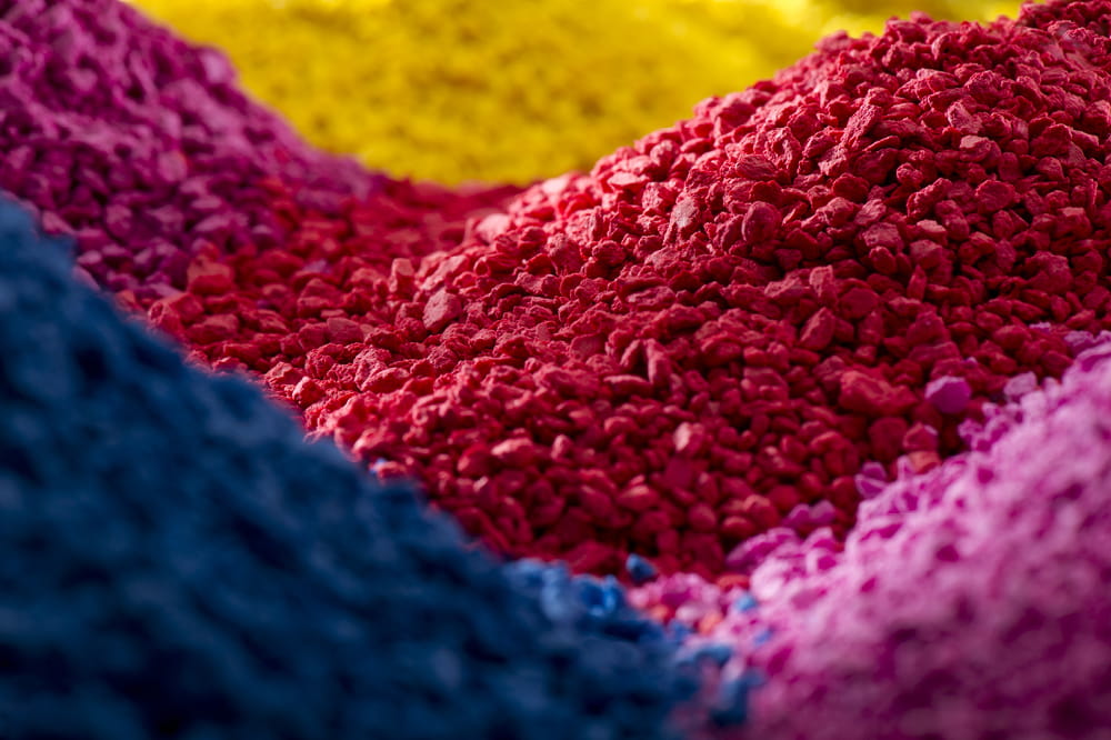 Colorful mountains of polymer granules.