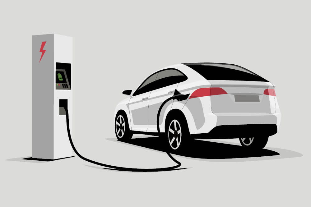 Illustration of an e-car at a charging station.