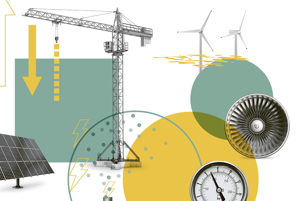 Illustrated collage with a solar plant, a crane, wind wheels and a fan.