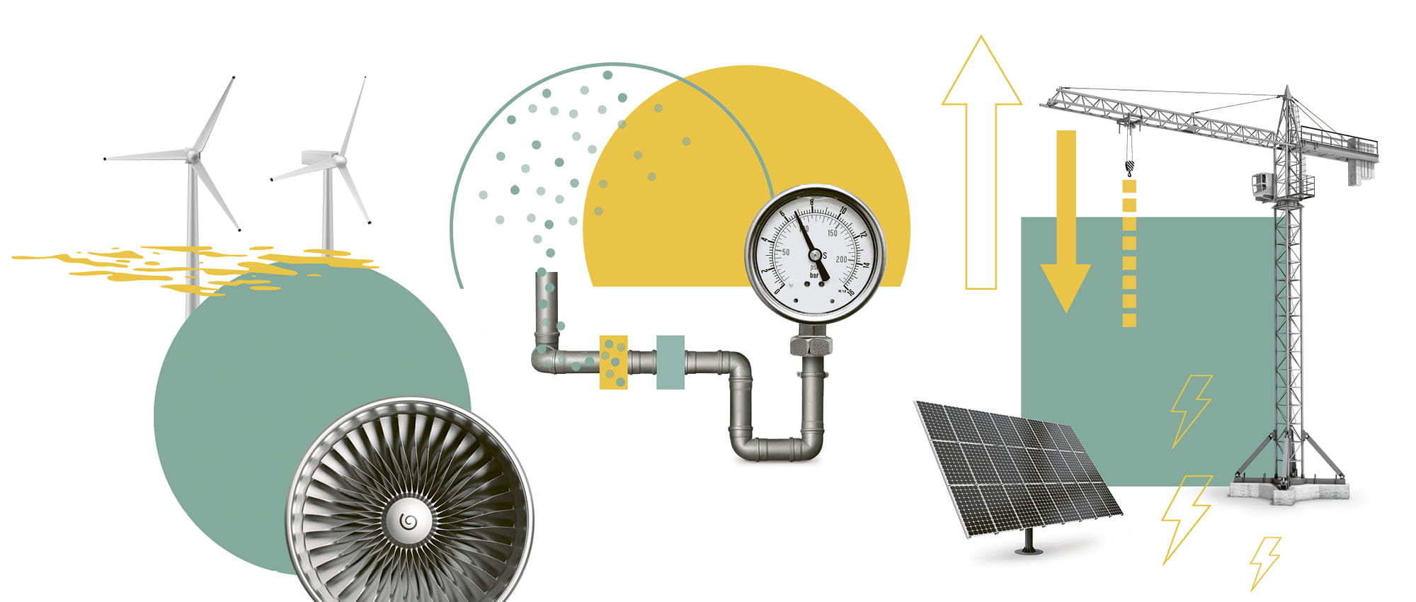 Illustrated collage with a solar plant, a crane, wind wheels and a fan.