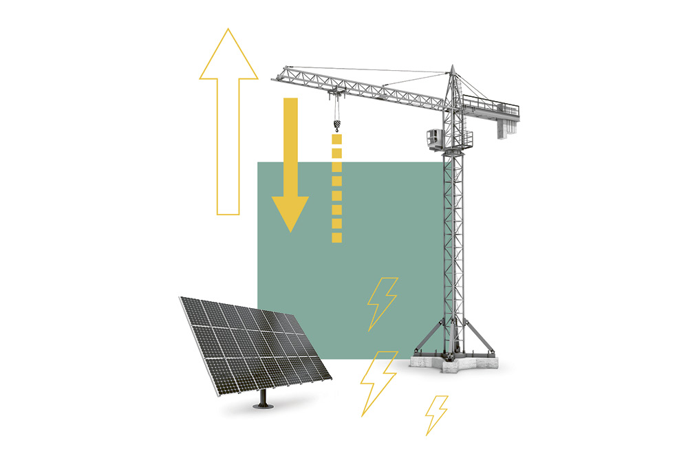 Collage of a solar panel and a crane.