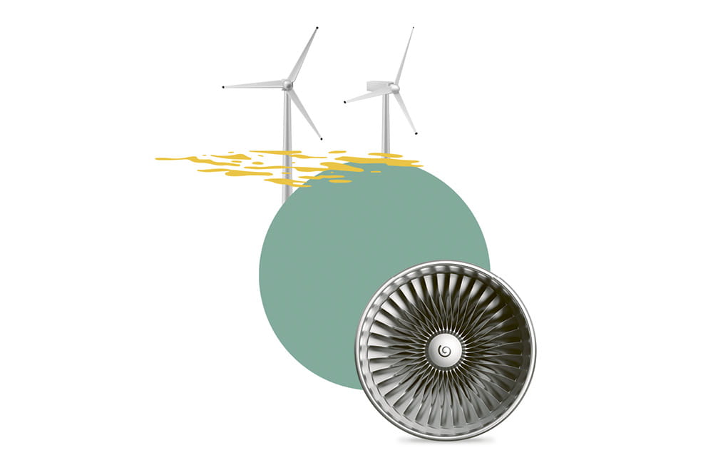 Collage of wind turbines and a fan.