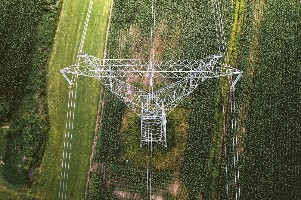 Overhead line mast in a green field. Copyright: iStock/Nejc Gostincar