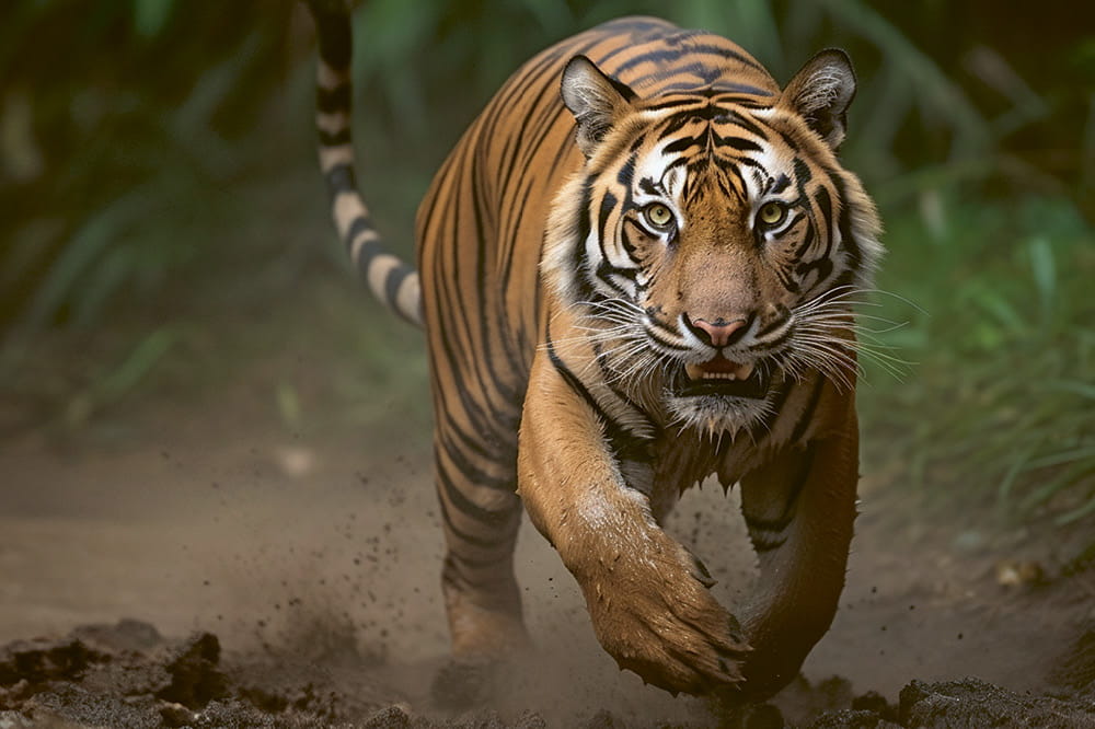 Frontal shot of a running tiger.