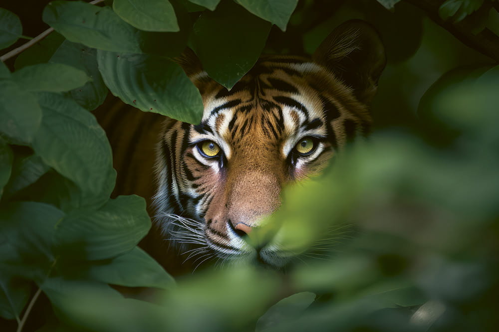 A tiger looks out of a bush into the camera. Copyright: AdobeStock/Kien