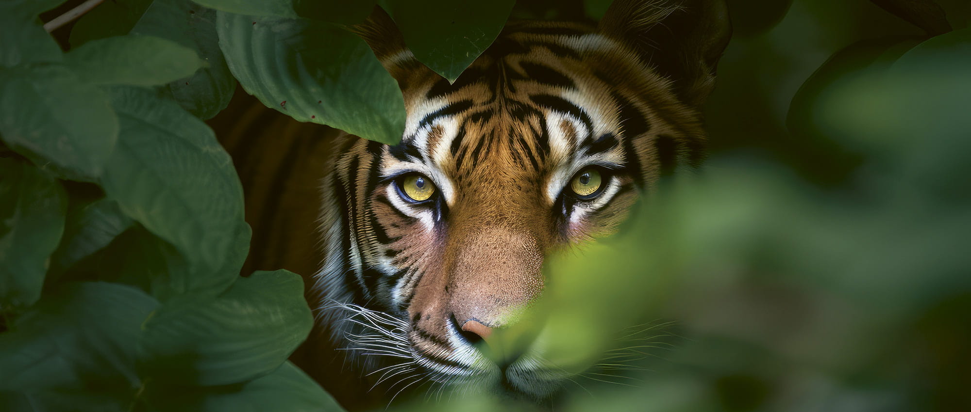 A tiger looks out of a bush into the camera. Copyright: AdobeStock/Kien