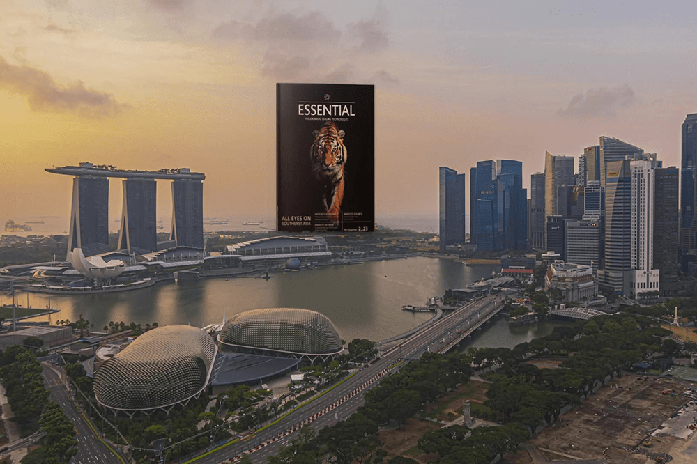 Skyline of Singapore with ESSENTIAL magazine on the horizon