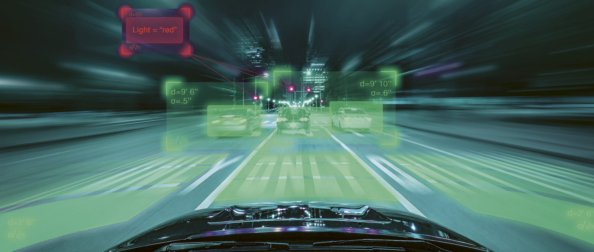 Green windshield of car with passing skyline on which red traffic light and speed of cars in front is displayed in boxes.