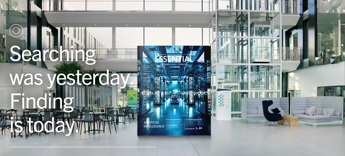 The Freudenberg Magazin standing in a Foyer with the title "Searching was yesterday. Finding is today"