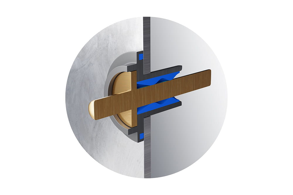 Cross-section of a wall showing a blue seal and a rod passing through it.