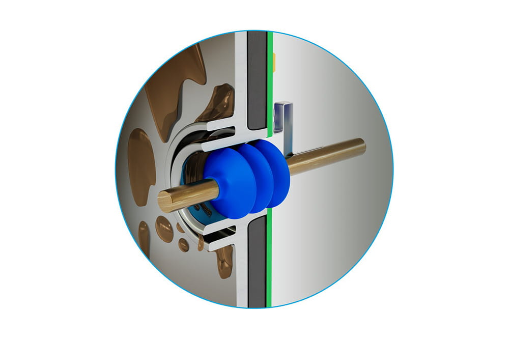 Close-up of a technical component showing a blue double seal on a shaft inside a housing.