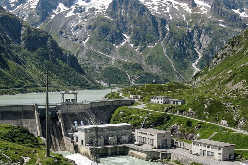 A mountain dam with snow-capped peaks in the background