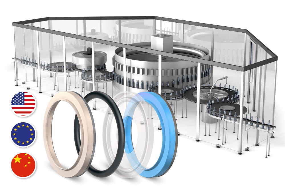 illustration of a beverage bottling plant, several seals and the flags of the USA, the European Union and China.