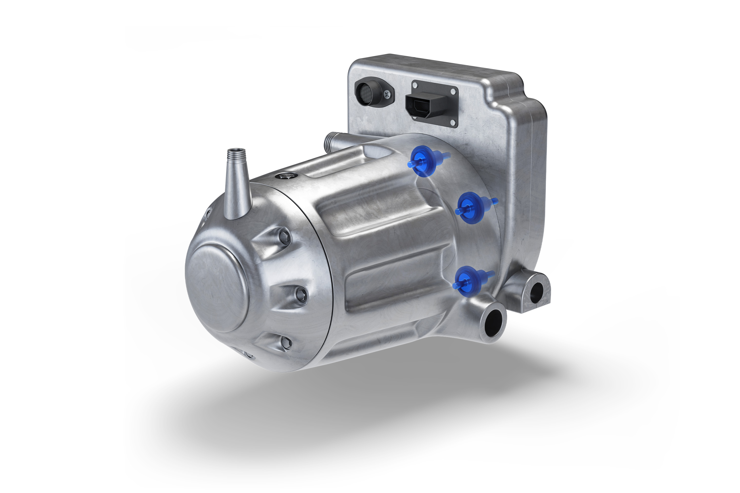 FST compressor with busbars – compact aluminium unit with blue connectors and integrated control module.