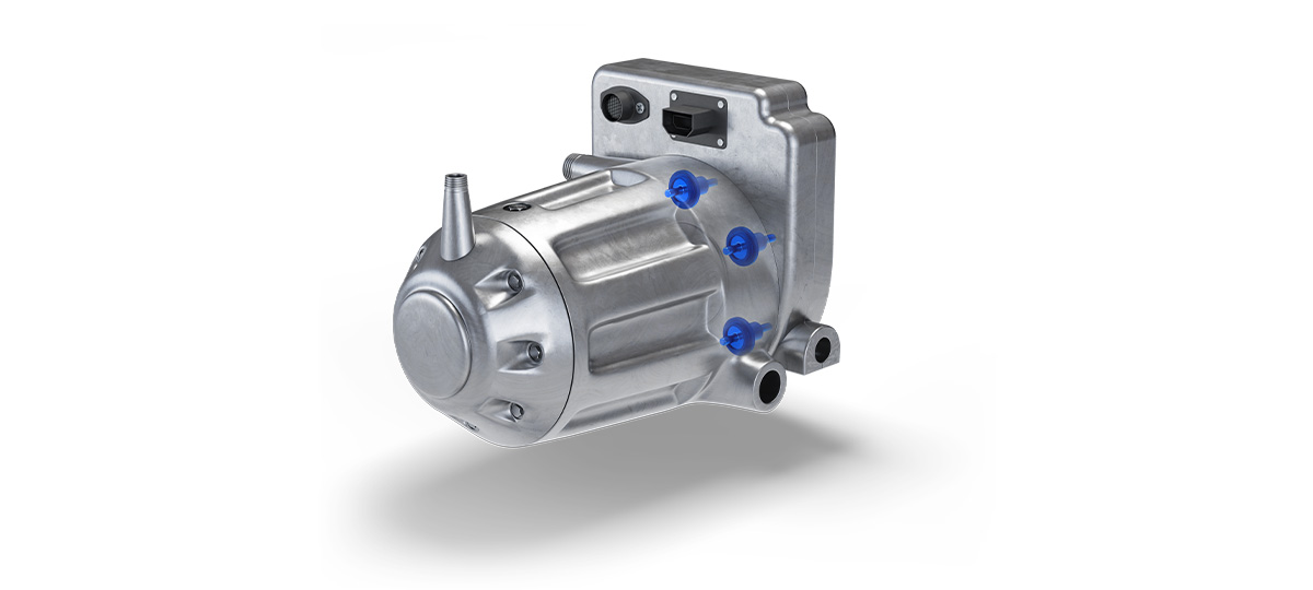 FST compressor with busbars – compact aluminium unit with blue connectors and integrated control module.
