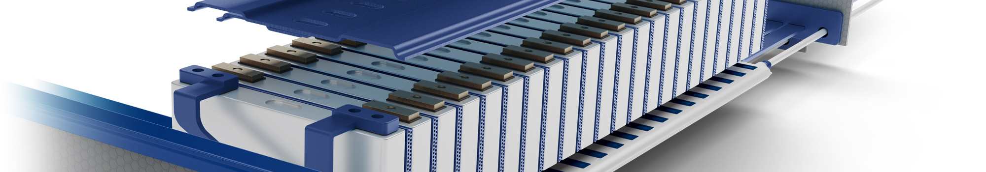 3D render of an AB-Chillcore™ battery module showing stacked pouch cells integrated with blue aluminum cooling plates, designed for electric vehicle battery thermal management.
