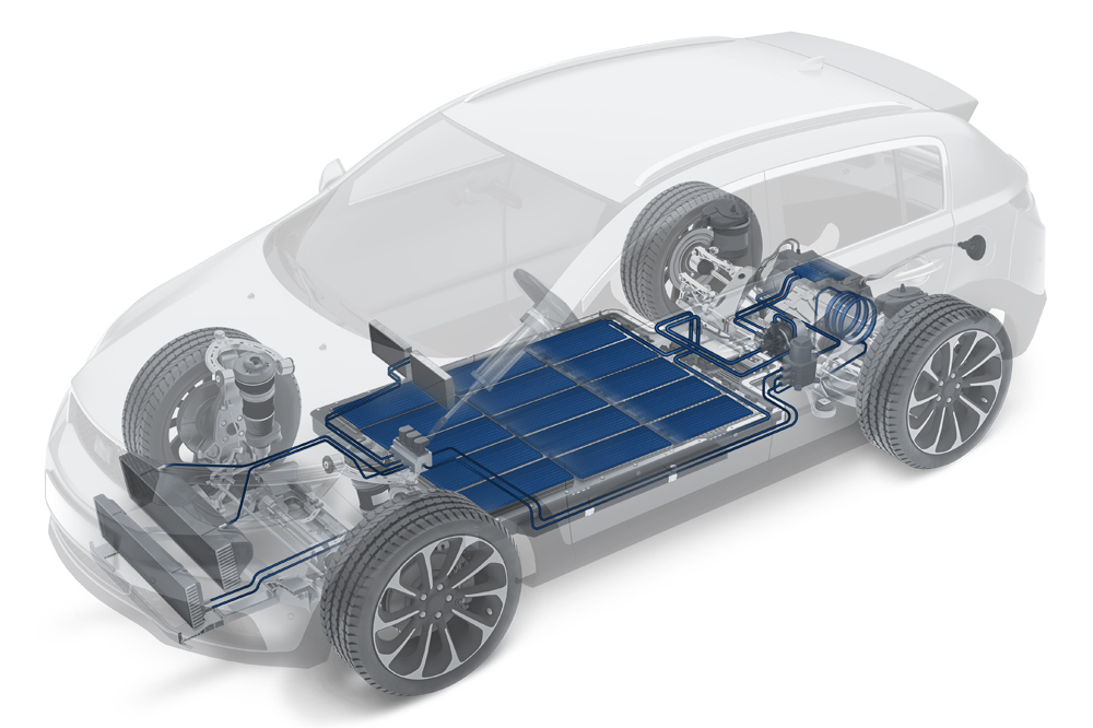 Cut-away illustration of an electric vehicle showing the AB-Chillcore™ battery cooling system integrated into the vehicle floor, with blue coolant lines connecting the battery pack to the thermal management circuit.
