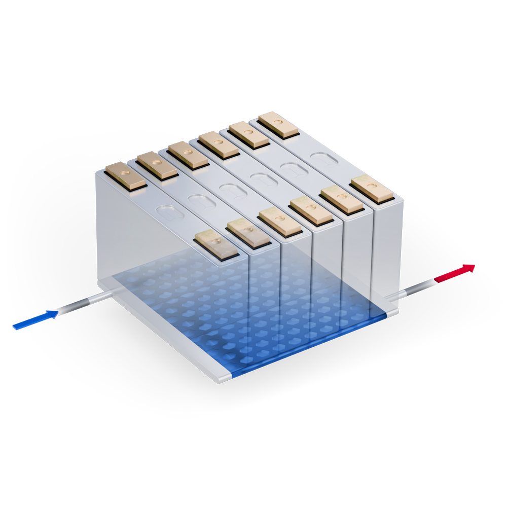 3D rendering of the AB-Chillcore™ Pouch Cooler with bottom cooling plate configuration, showing a row of pouch cells mounted on a structured blue cooling plate, with coolant inlet (blue arrow) and outlet (red arrow) connections.