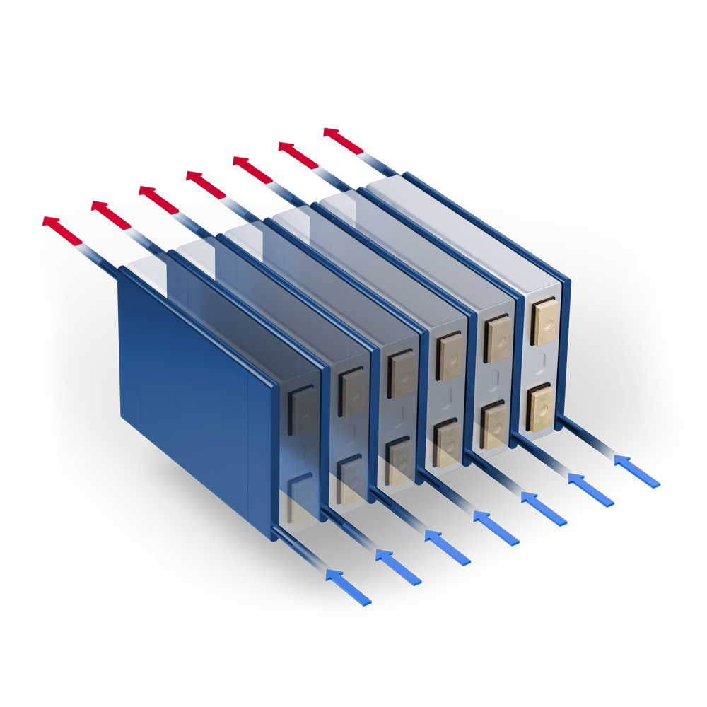 3D rendering of the AB-Chillcore™ Rigid Aluminum Cooler, illustrating stacked battery cells between rigid blue aluminum cooling frames with coolant flow directions shown by blue inlet and red outlet arrows.