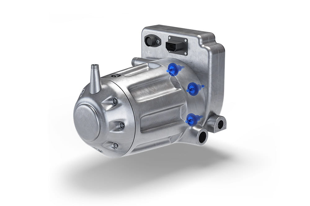 FST compressor with busbars – compact aluminium unit with blue connectors and integrated control module.