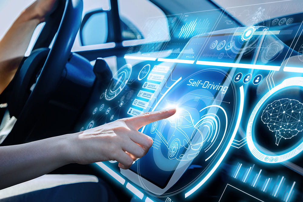 Vehicle interior with futuristic dashboard for autonomous driving
