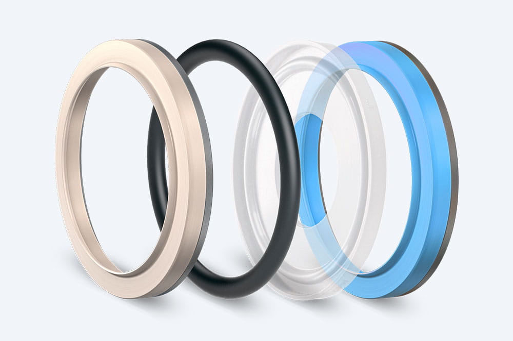 Composing of four round seals in different colors – beige, black, transparent and blue.